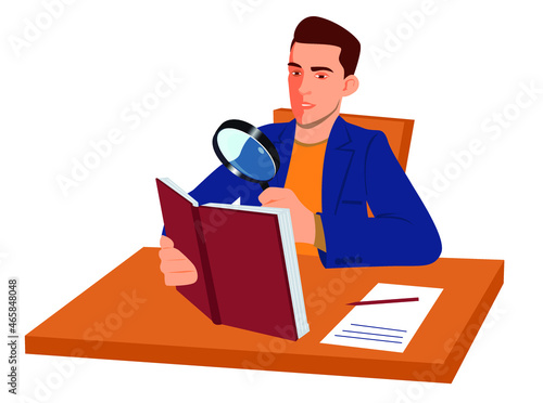 A man sits at a table and looks at an open book through a magnifying glass. The guy is looking for information in an encyclopedia. The man scrutinizes the printed data. Stock vector illustration.