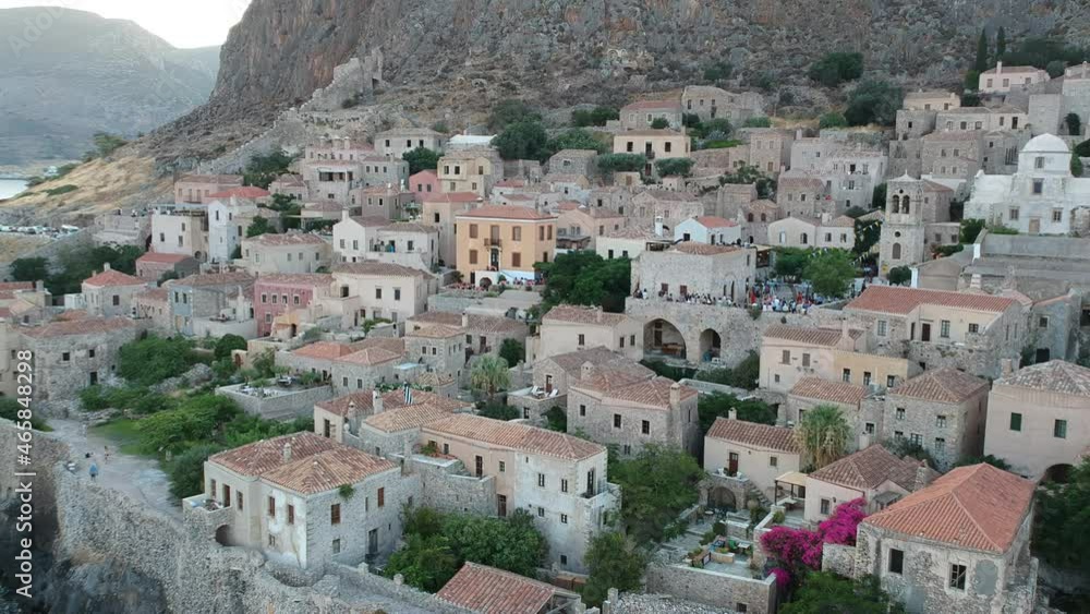 Aerial view of the old medieval castle town of Monemvasia in Lakonia of Peloponnese, Greece. Monemvasia is often called Aerial view of the old medieval castle town of Monemvasia in Lakonia of Peloponnese, Greece. Monemvasia is often called