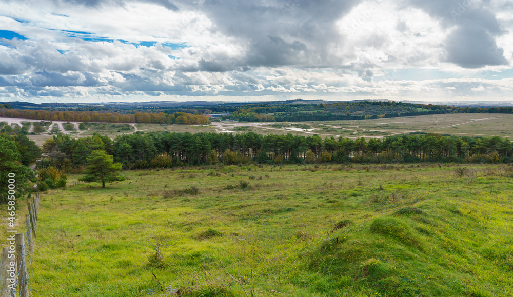 a view over North Tidworth Tank Obstacle Course and Tidworth Camp, home of the Royal Tank Regiment, viewed from Sidbury Hill