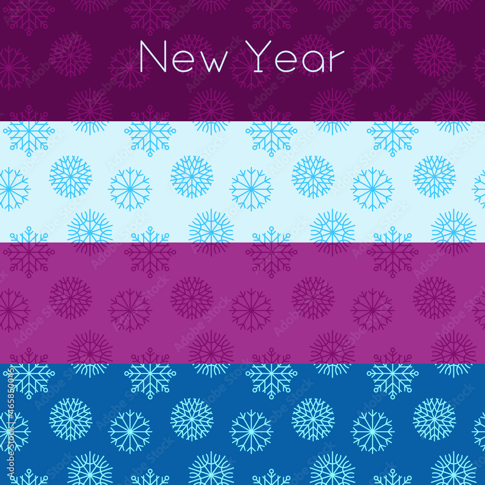 Christmas background with color snowflakes seamless pattern on purple backdrop. Xmas ornament, new year minimalist snow decoration for festive banner, holiday postcard, price tag, packaging design.