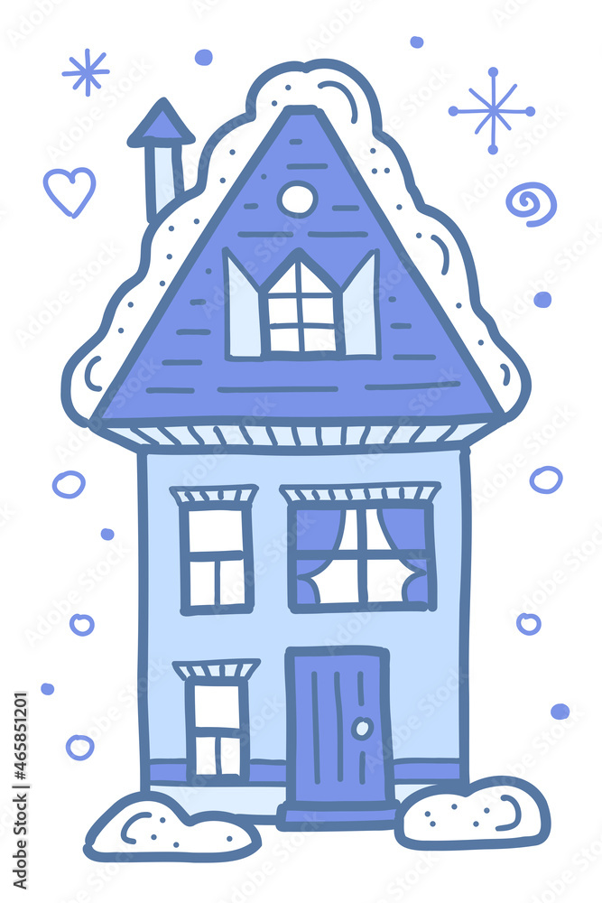 Fototapeta premium Snow-covered house on snowy background. New Year holiday celebration. Ice home and snowflakes.