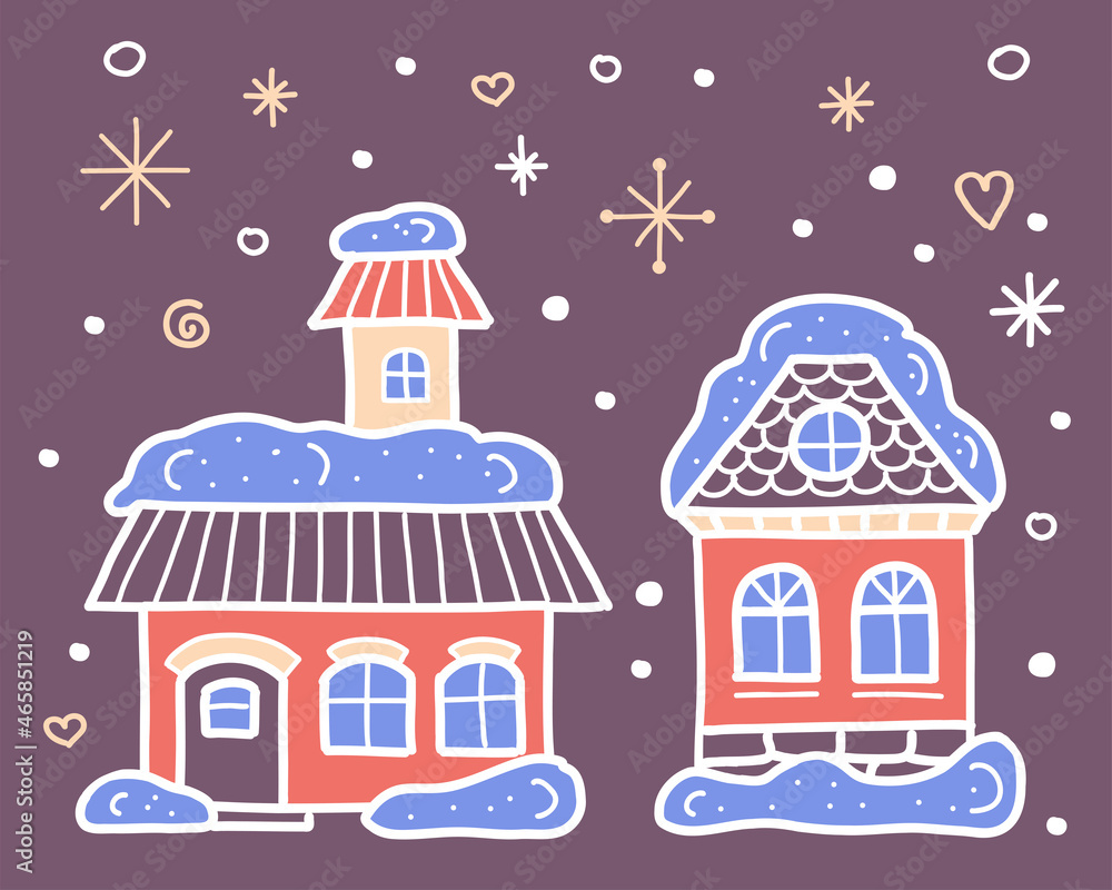 Snowy Christmas night. Cozy pink houses on a violet background. Vector illustration.