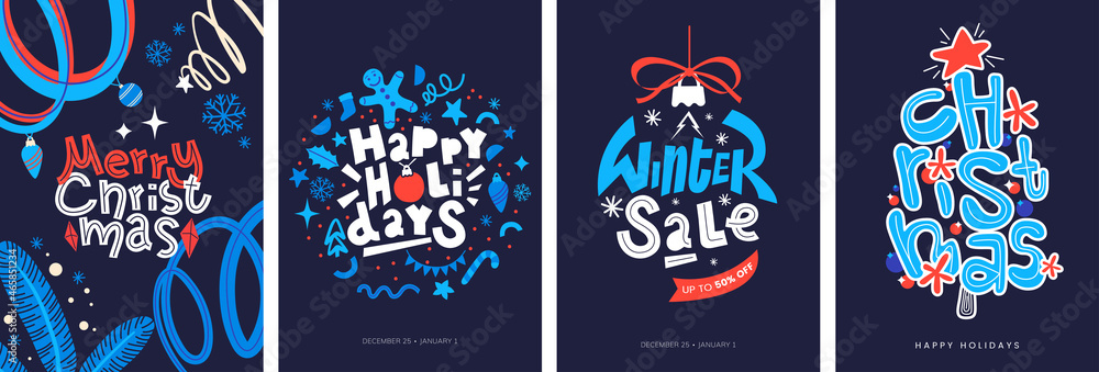 Winter holidays poster collection with lettering and festive graphic. Merry Christmas greeting card set. Winter sale banner design. Ideal for invitation, promo, social media. Vector illustration.