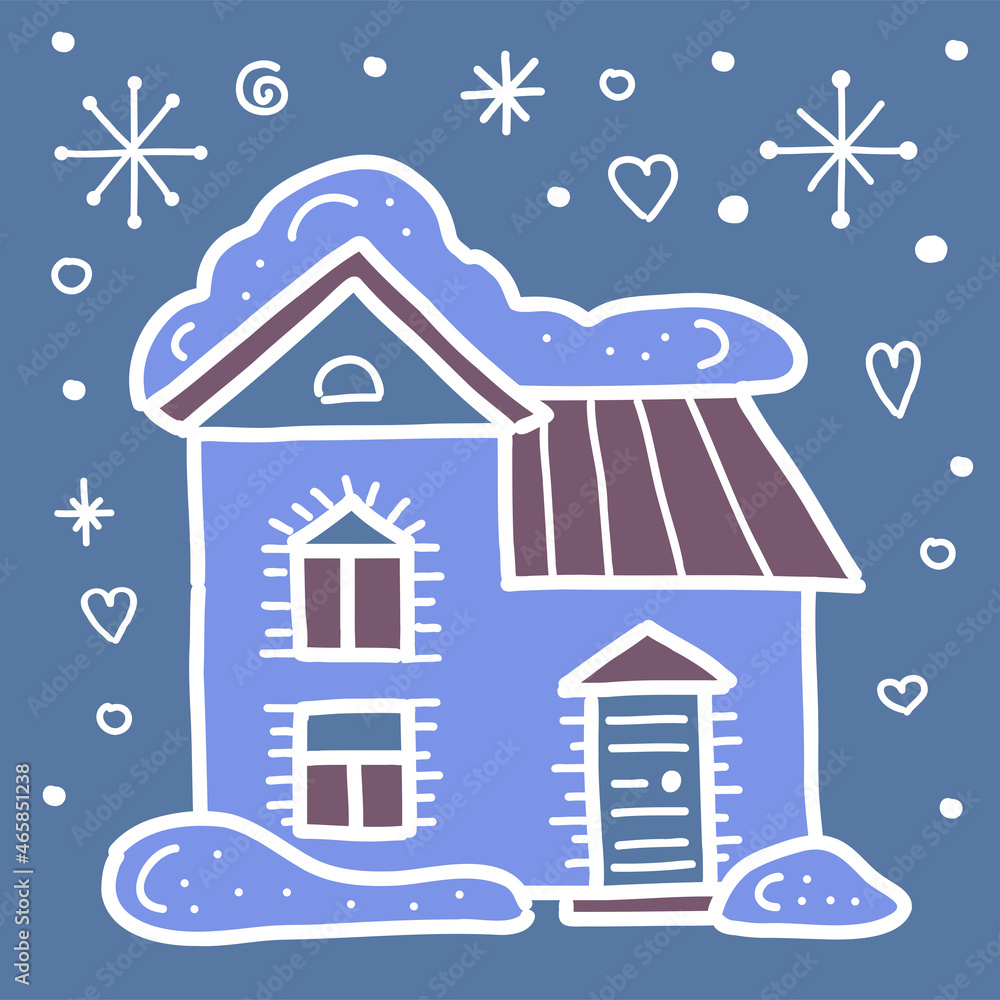 House covered with snow on a dark blue background. Flat vector illustration.