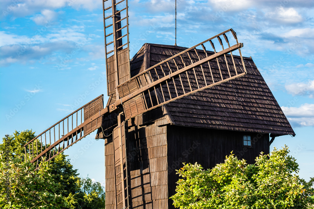 Smigiel, Poland - August 08, 2021. Old wooden mill in Smigiel - Smigielskie Wiatraki