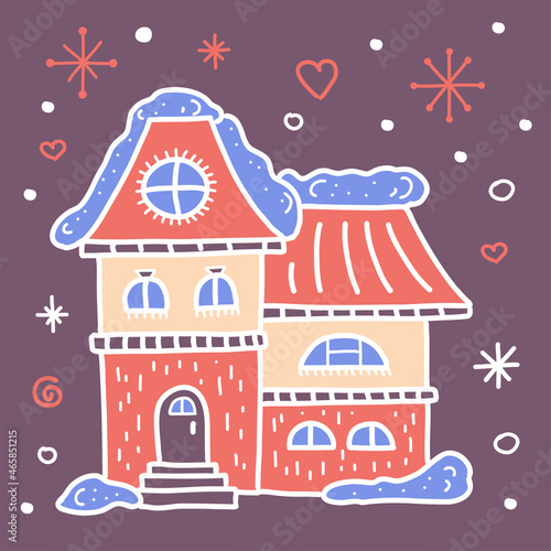 Winter holiday house. Pink snow-covered home on violet background. Vector illustration.