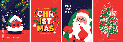 Christmas greeting card collection with colorful flat illustration of santa, snowglobe, fir tree, holiday decorations and lettering. Christmas poster or flyer design set. Ideal for invitation, promo.