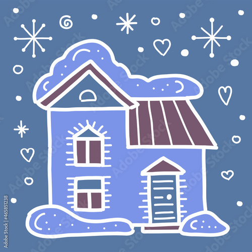 House covered with snow on a dark blue background. Flat vector illustration.