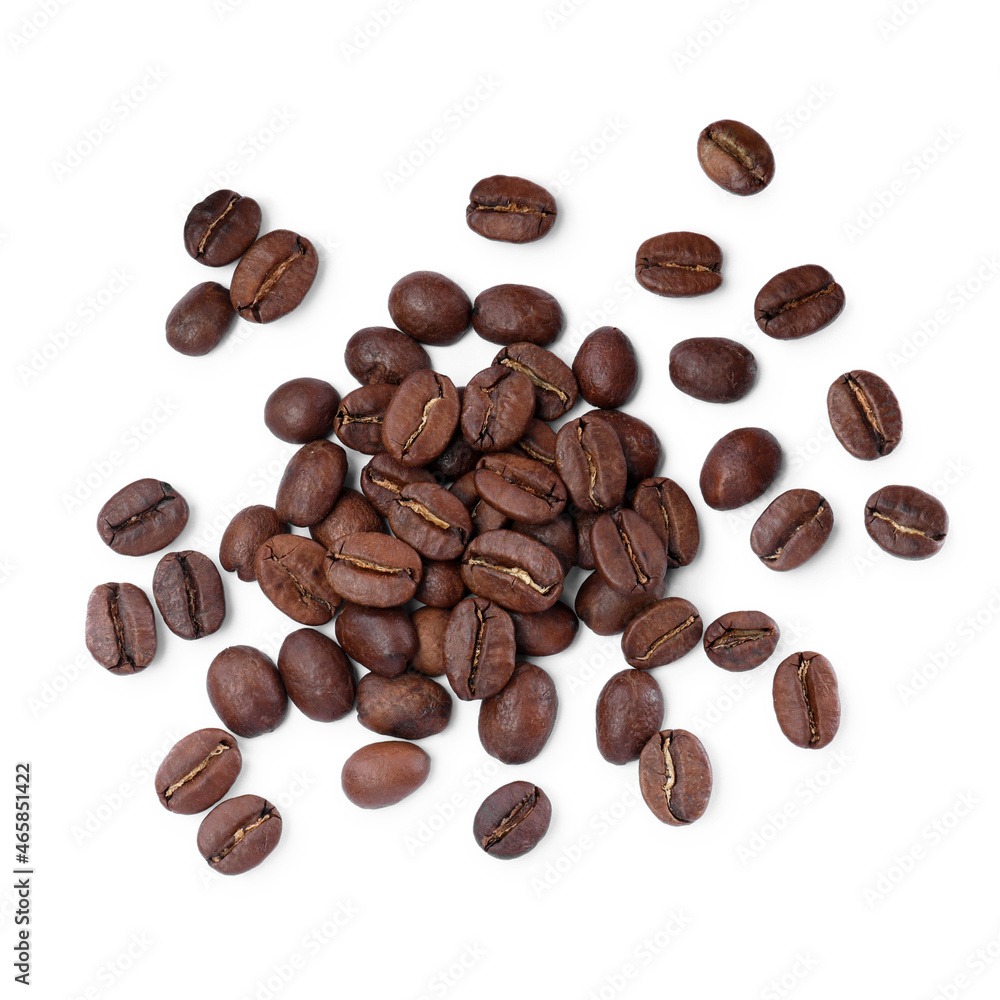 Roasted coffee beans on white background, top view Roasted coffee beans on white background, top view