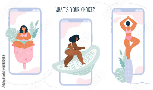 Concept vector set illustrations with body positive girls on tampon, sanitary pads and menstrual cup. The menstrual period cycle or PMS is NORMAL