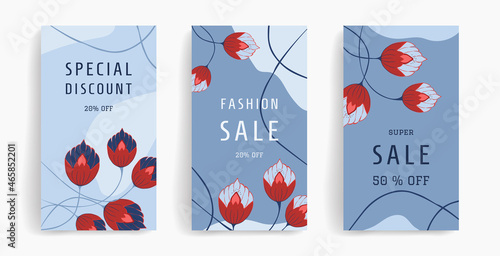 Trendy floral templates on beautiful blue background with space for text. Suitable for social media posts, postcards, invitations, banner designs, and online advertisements. Vector illustration