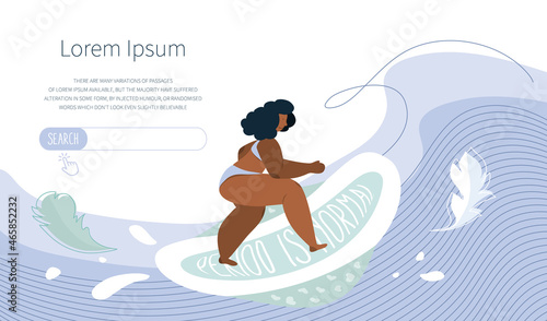 Concept vector WEB banner with body positive girl on sanitary pads. The menstrual period cycle or PMS is NORMAL