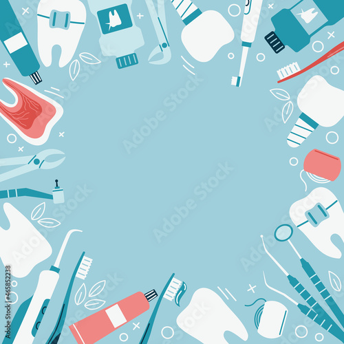 Dental frame with tools for cleaning, care and treatment of teeth. Dentistry banner concept. Oral health, orthodontics. Vector illustration of background, poster, banner in flat style.