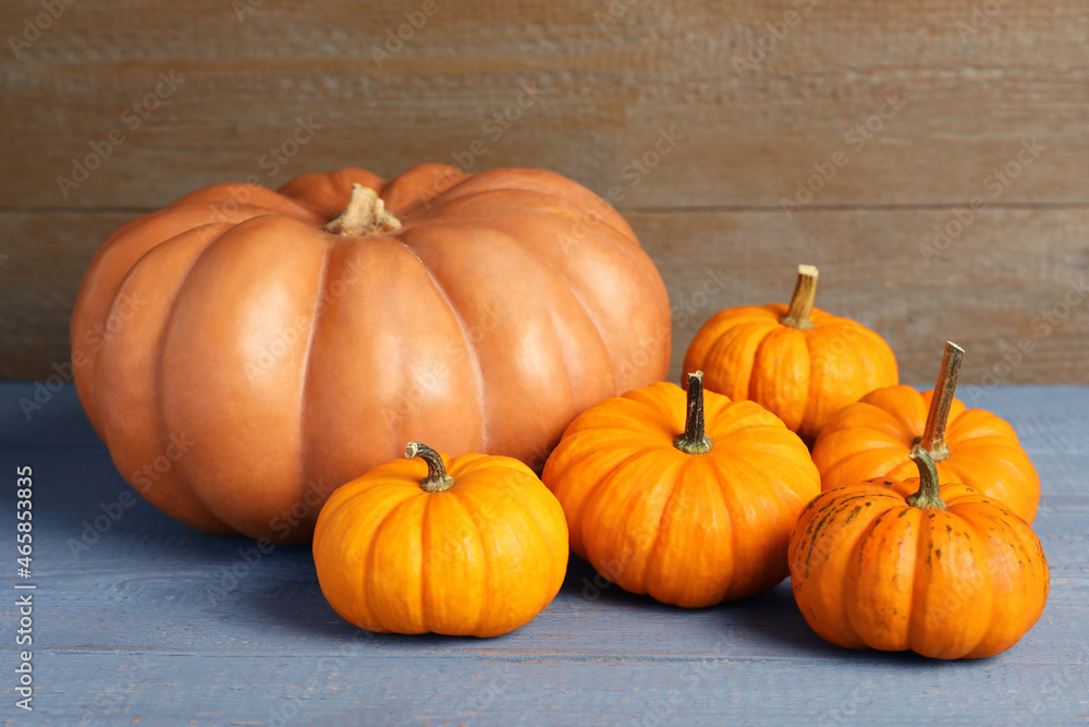 Pile of ripe pumpkins on grey wooden table Pile of ripe pumpkins on grey wooden table
