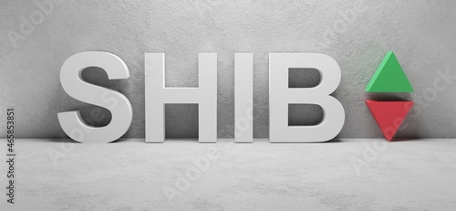 cgi render illustration of the white word SHIB infront of a white concrete wall, up and down arrows
 photo