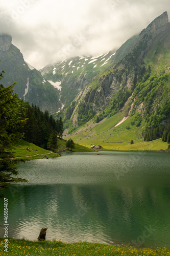 Appenzell, Switzerland, June 13, 2021 Fantastic lake view over the Seealpsee on a cloudy day
