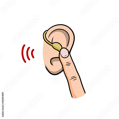 Hearing aid. Audiphone and finger in ear. Hearing problems and disabilities. Sound icon. Cartoon illustration photo