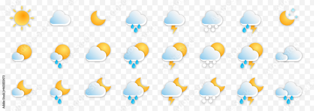 Realistic weather  icons collection. Cloud, sun, moon, snow, snowflake, rain, storm, signs set Isolated weathers color symbols on alpha background. Meteorology  vector website illustration. - obrazy, fototapety, plakaty 