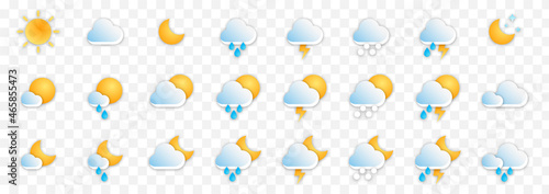 Realistic weather  icons collection. Cloud, sun, moon, snow, snowflake, rain, storm, signs set Isolated weathers color symbols on alpha background. Meteorology  vector website illustration.