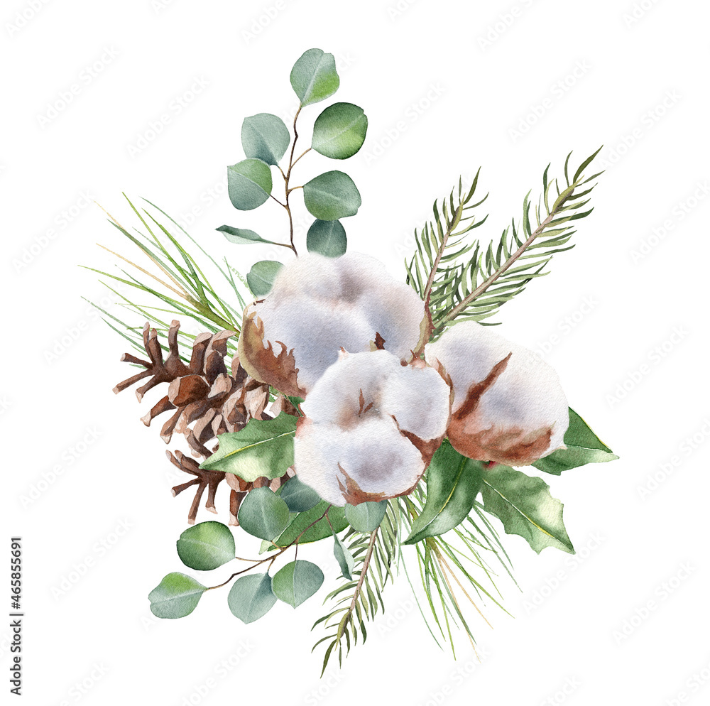 Watercolor Christmas floral ilustration. Hand drawn winter bouquet ...