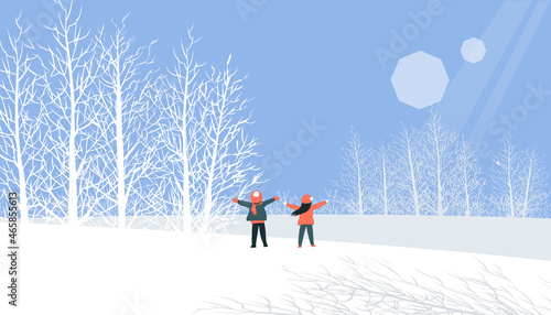 Illustration of a man and woman in a snowy village, winter landscape
