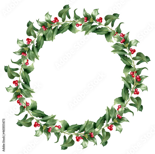 Watercolor Christmas wreath with holly berries. Ilex floral ilustration. Hand drawn winter clipart isolated on white background. for holiday invitation, card design