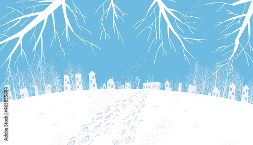 Illustration of footprints in a snowy village
