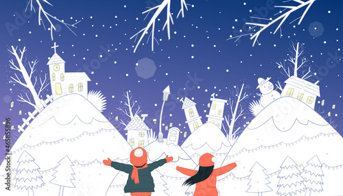 Illustration of a man and a woman standing in a cute snowy garden and village
