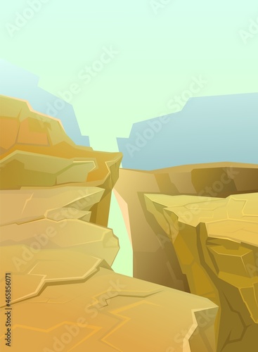 Rocky cliffs. The edge of a bottomless abyss. Mountain fog. Desert natural landscape with stones. Illustration in cartoon style flat design. Vector