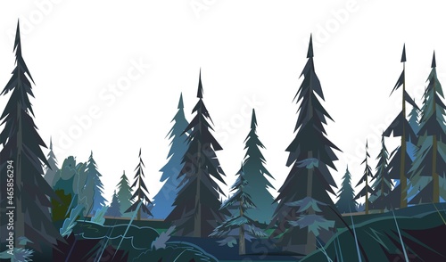 Night landscape with coniferous trees. Illustration in cartoon style flat design Isolated on white background. Vector