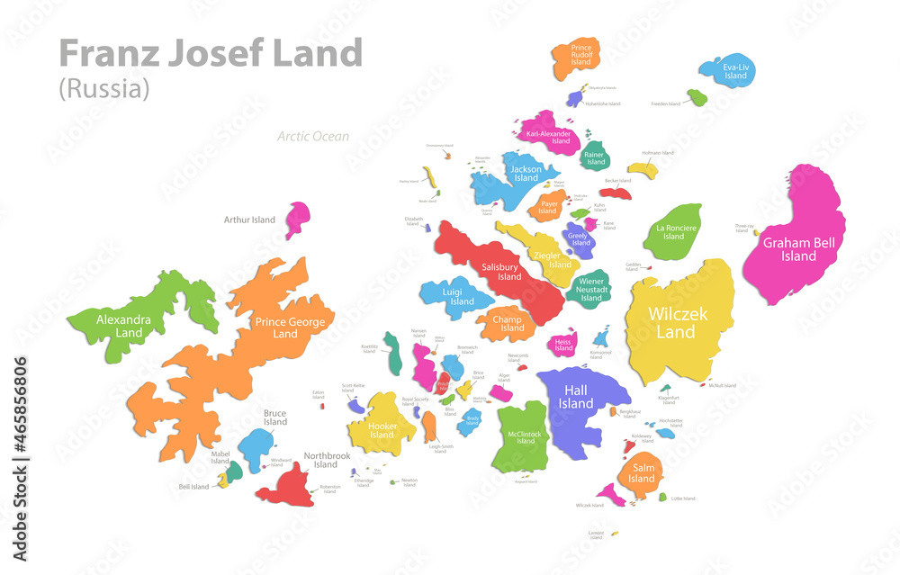Franz Josef Land map, administrative division, separate individual regions with names, color map isolated on white background vector Franz Josef Land map, administrative division, separate individual regions with names, color map isolated on white background vector