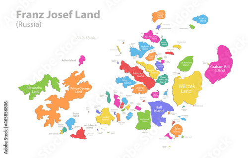 Franz Josef Land map  administrative division  separate individual regions with names  color map isolated on white background vector