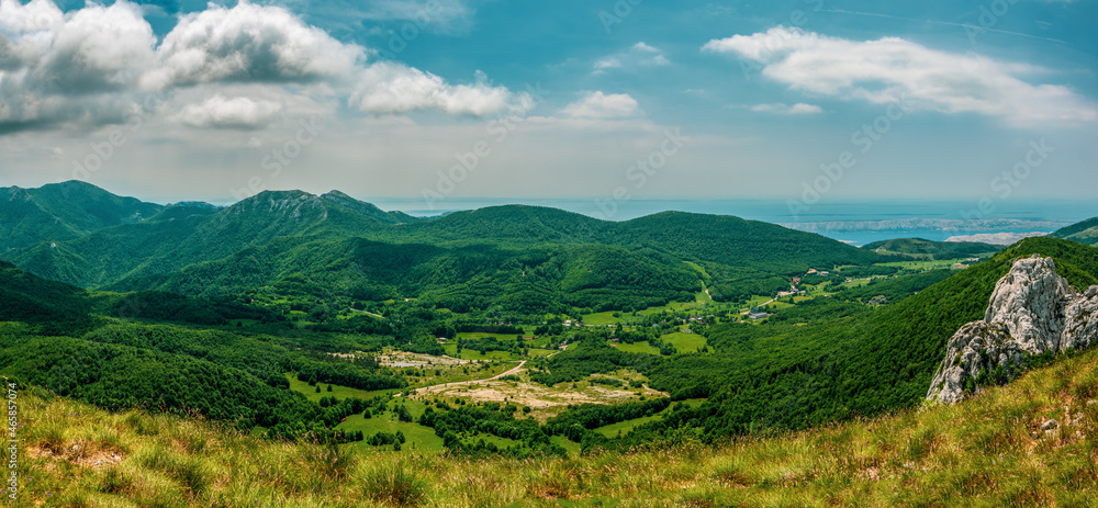 Panorama of Baske Ostarije village, Dabarski kuk, Velebit Nature Park, Croatia.