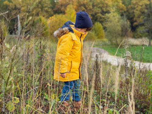 Curious boy at field with dried grass. Outdoor leisure activity for children in fall season. Kid's fashion for autumn days.