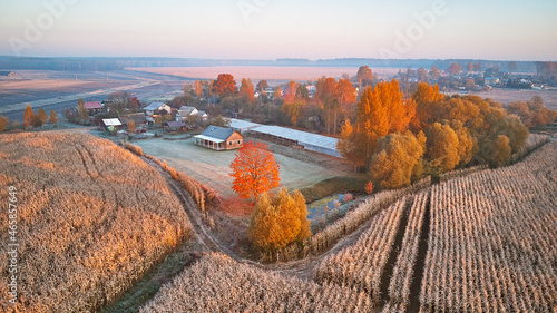 Obraz na płótnie Country house, pond in Autumn village. Aerial rural landscape. Frost on grass. Corn Field w salonie