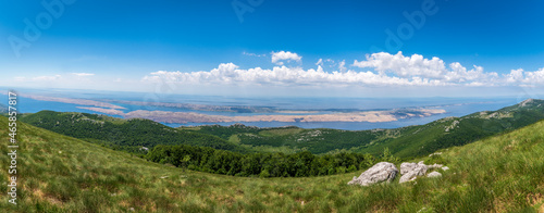 Panorama of adriatic sea and island Pag, view from mountain. Velebit Nature Park, Croatia.