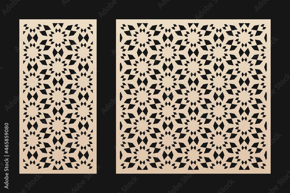 Vector design of laser cut pattern. Modern geometric ornament, abstract floral grid, snowflake silhouettes. Winter holiday template for cnc cutting of wood, metal, paper, acryl. Aspect ratio 1:2, 1:1 Vector design of laser cut pattern. Modern geometric ornament, abstract floral grid, snowflake silhouettes. Winter holiday template for cnc cutting of wood, metal, paper, acryl. Aspect ratio 1:2, 1:1