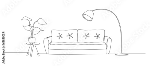 Continuous one line drawing of sofa and floor lamp and table with plant. Scandinavian stylish furniture in simple Linear style. Doodle vector illustration