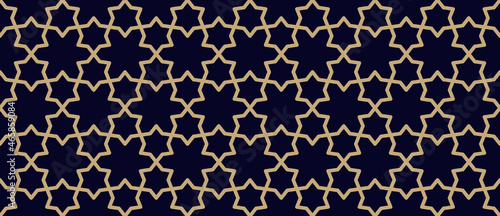 Vector abstract geometric seamless pattern. Traditional golden Arabic ornament with lines, elegant lattice, mesh, grid, floral shapes, stars. Gold and black ornamental background. Trendy modern design