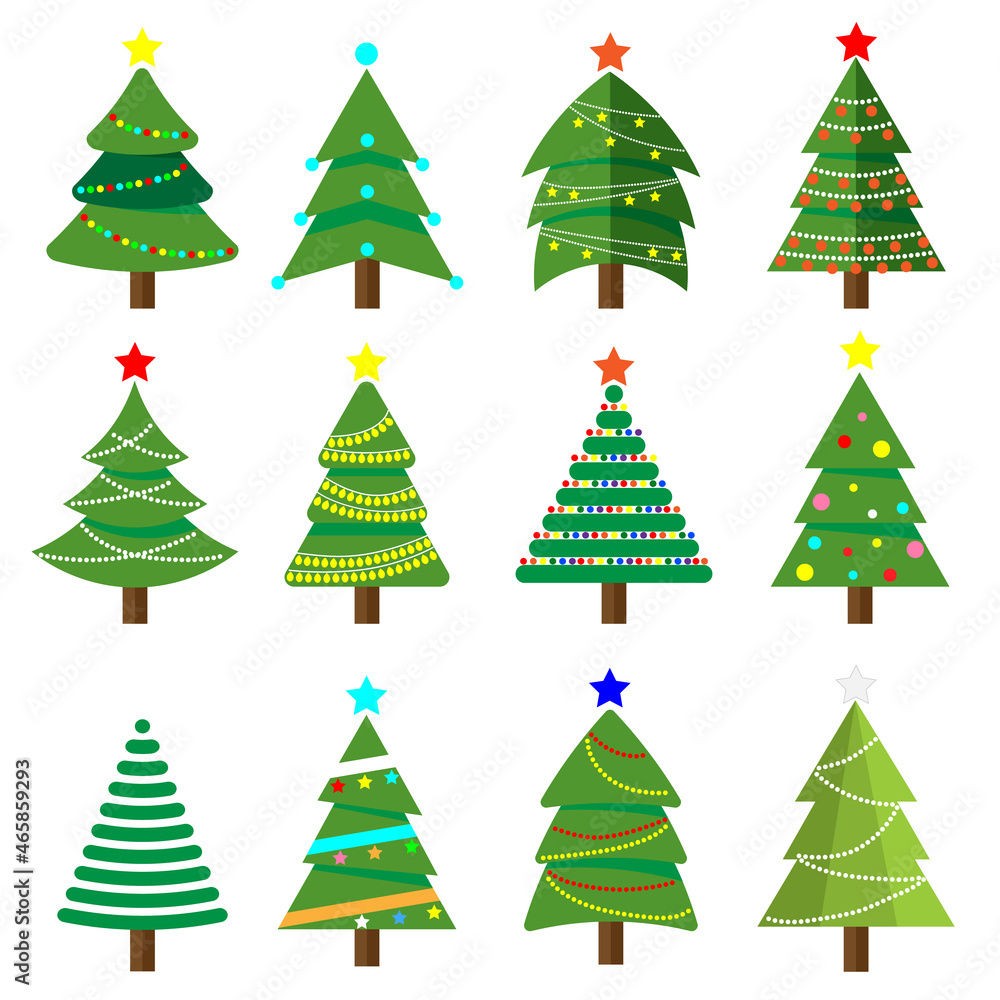 Obraz premium Set of Christmas tree vector icon. New Years tree with heralds, striped Christmas pine. winter holidays party green fir with garland decoration. Decorated xmas trees.