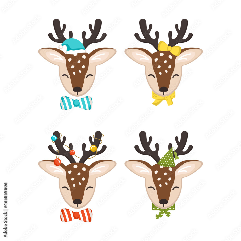 Set of cute deer in children style with holiday decorations for New Year and Christmas. Festive funny animals with caps and bows. Vector flat illustration Set of cute deer in children style with holiday decorations for New Year and Christmas. Festive funny animals with caps and bows. Vector flat illustration