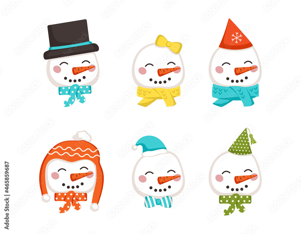 Set of cute snowman in children style with festive decorations for Holiday, New Year and Christmas. Funny character with caps and bows. Vector flat illustration
