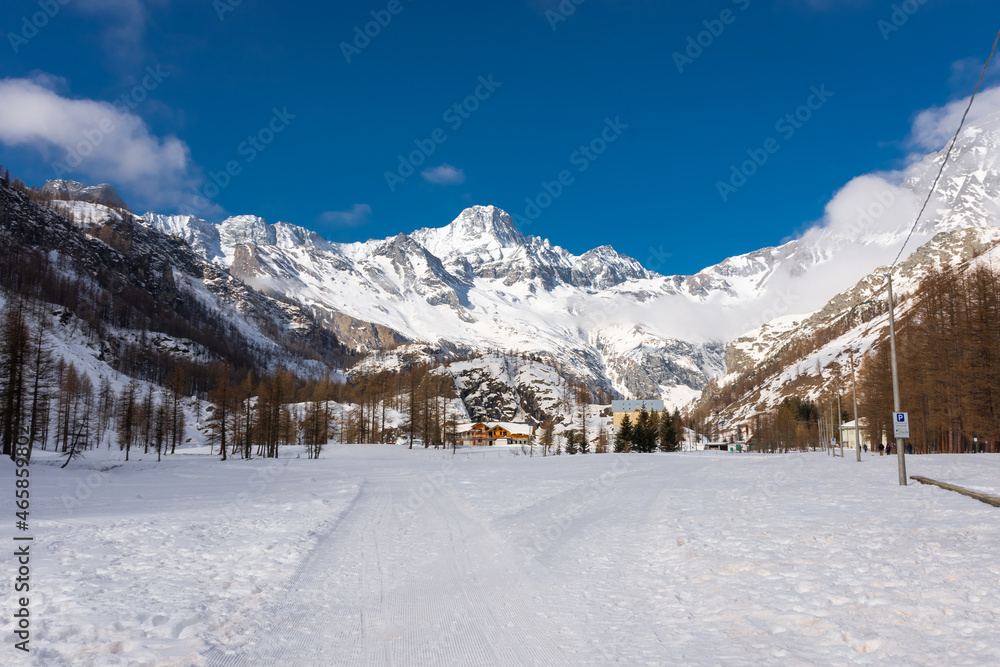 Snowy landscape in Pian della Mussa mountain, Piedmont, Italy