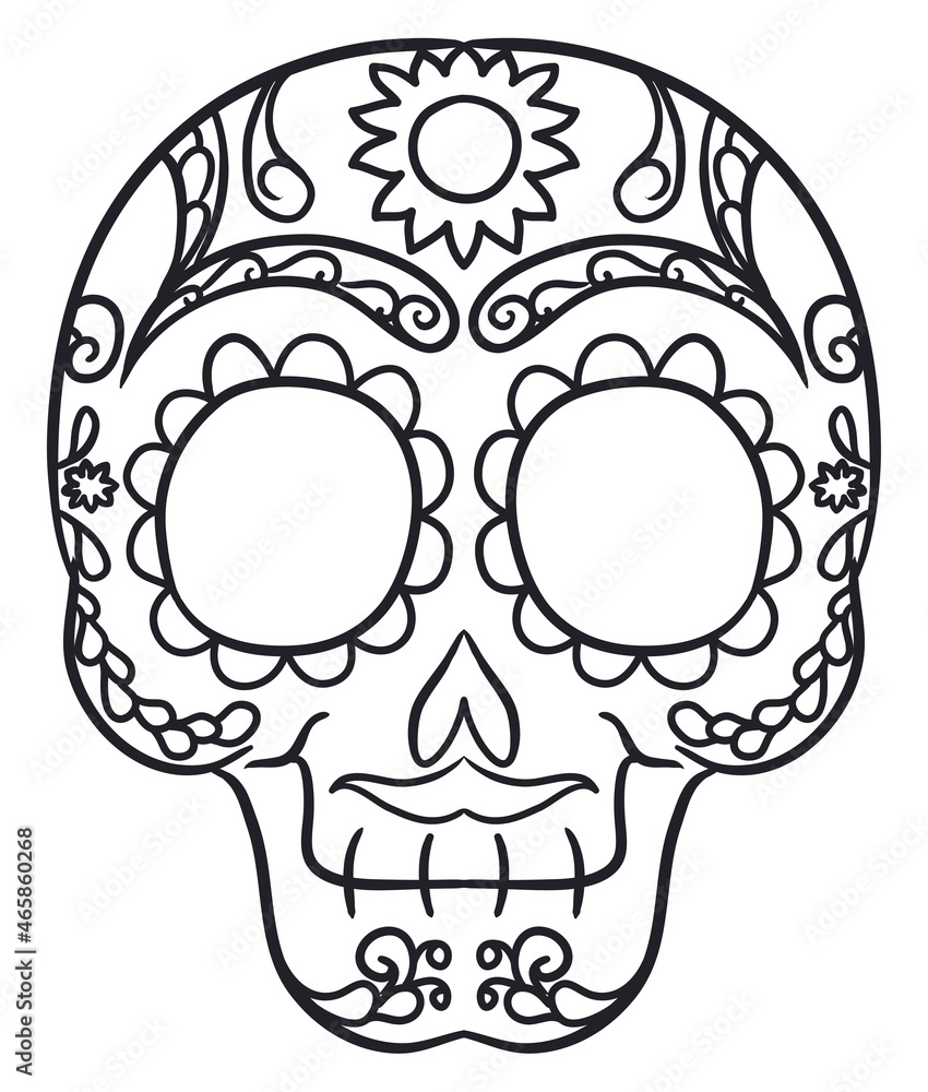 Obraz premium Frontal view of smiling traditional Mexican skull in outlines, Vector illustration