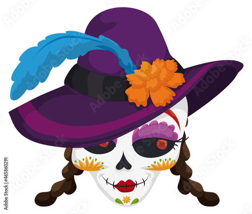 Catrina skull with braids, elegant hat and mischievous stare, Vector illustration