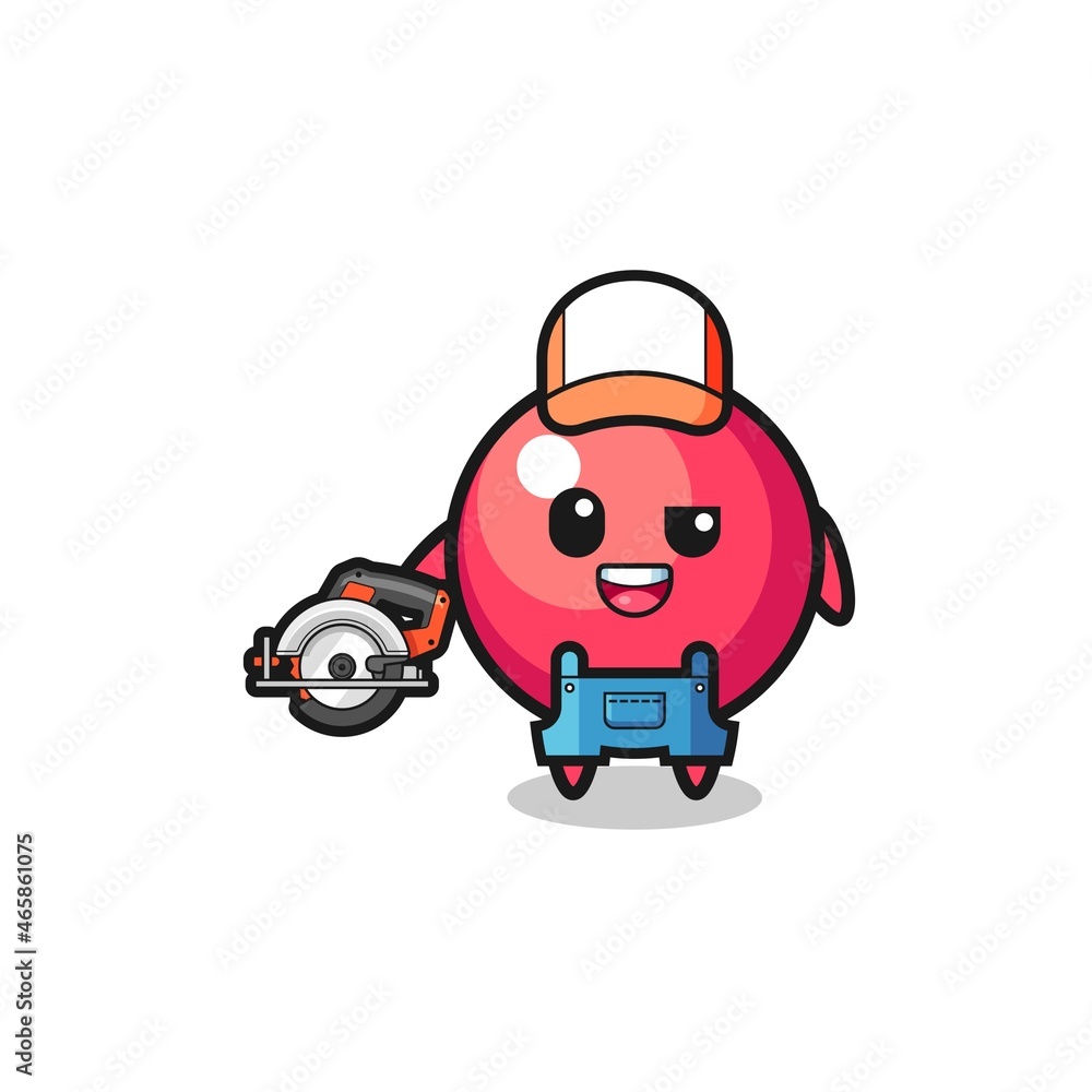 the woodworker cranberry mascot holding a circular saw