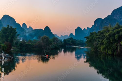 YANGSHUO  CHINA  6 DECEMBER 2019  Beautiful sunset on the Yulong River in Yangshuo  Guilin  Guangxi