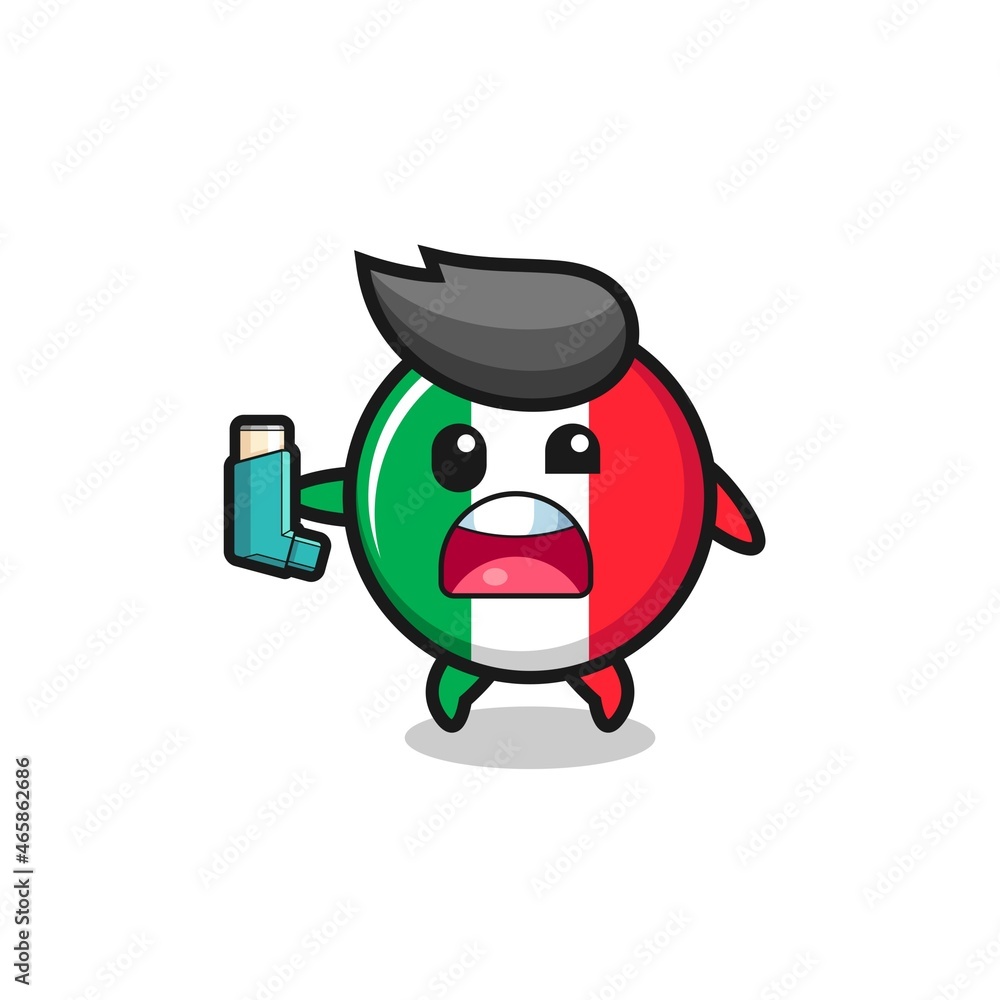 italy flag mascot having asthma while holding the inhaler