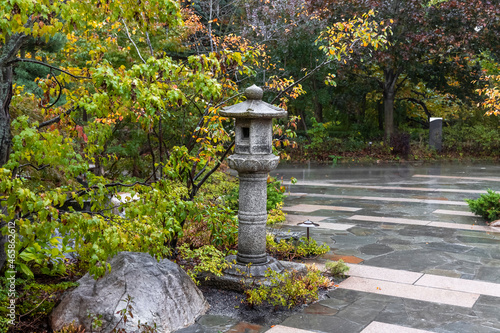 Stone lantern at Japanese garden in Fredrik Meijer gardens, Grand Rapids, Michigan photo