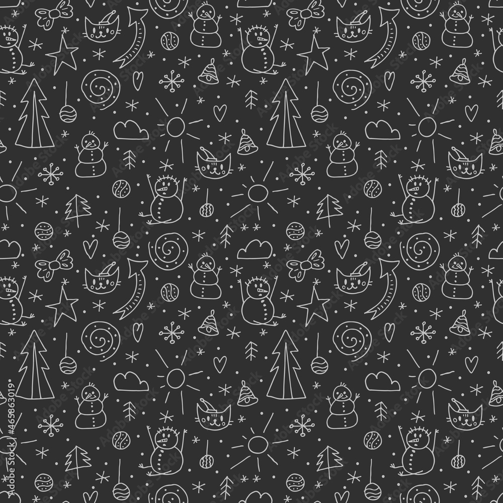 A set of doodle elements. Winter 2022. Hand-drawn winter objects on a chalkboard background.